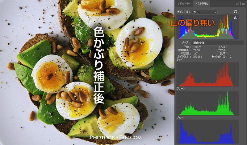 色かぶり補正後のヒストグラム