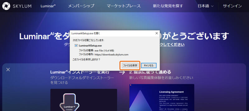 LuminarAISetup.exeの保存