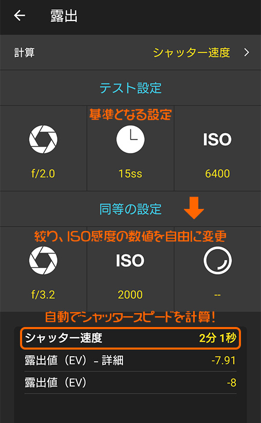 PhotoPillsの露出計算機能