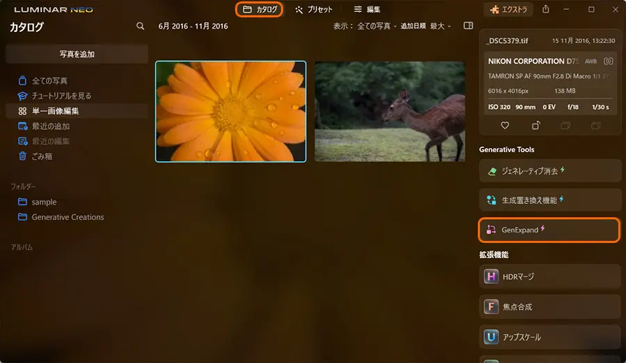 Luminar NEO ジェネ拡張を選択