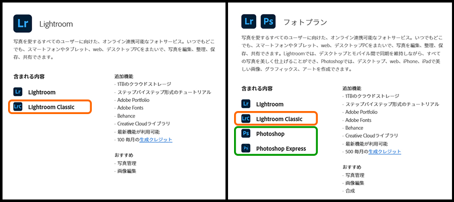 Lightroom単体プランとフォトプランの違い