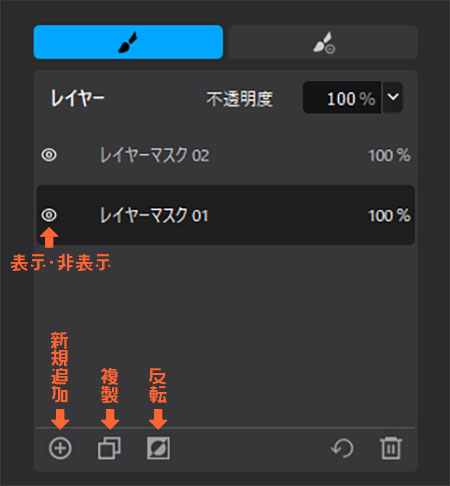 部分調整マスクのレイヤー管理パネル