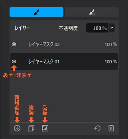 部分調整マスクのレイヤー管理パネル